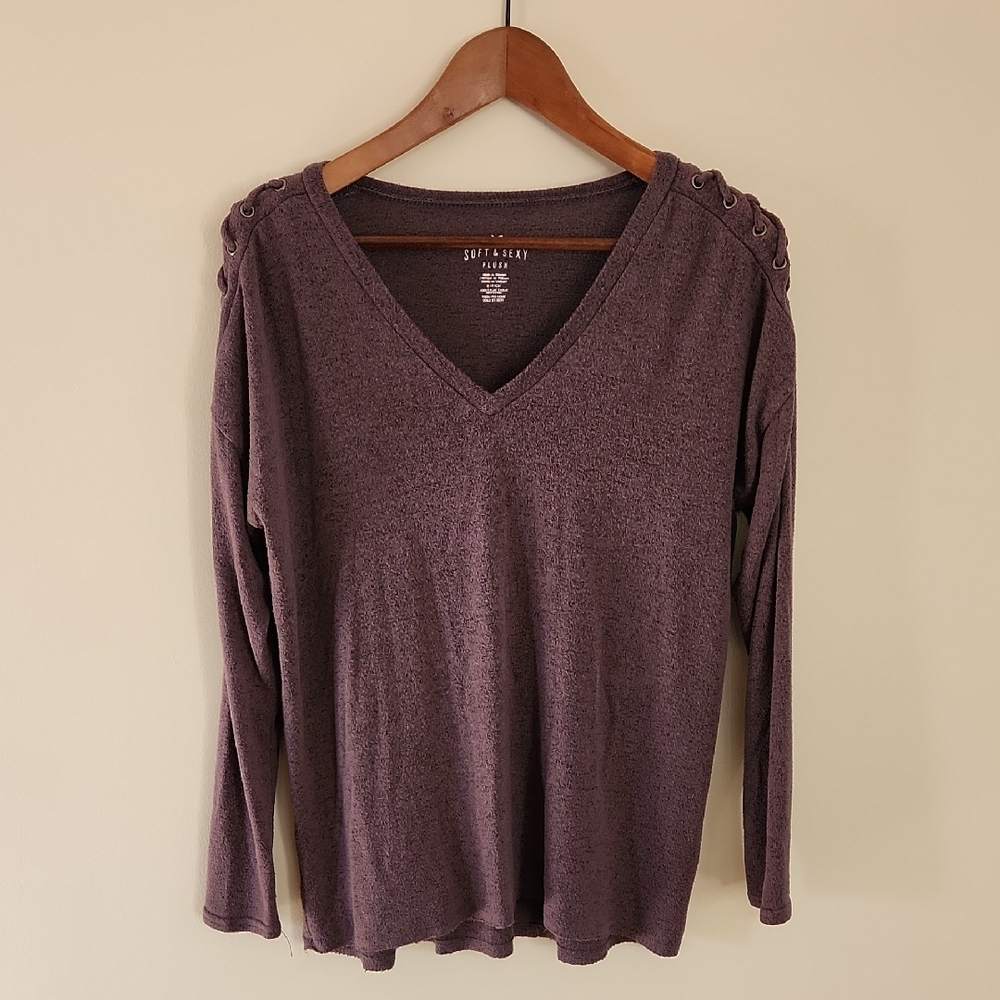 American Eagle Outfitters Soft & Sexy Plum Long Sleeve V-Neck Top